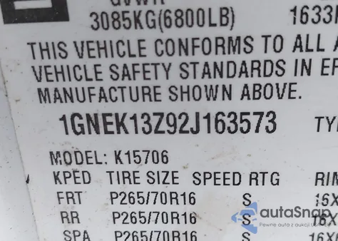 2002 Chevrolet Tahoe K1500 z USA, uszkodzony, nr VIN 1GNEK13Z92J163573